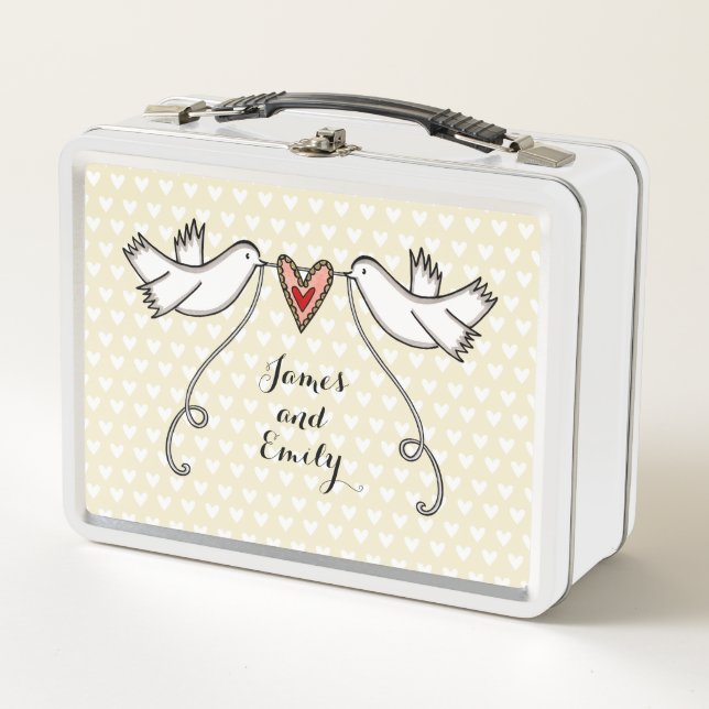 Personalised White Doves Wedding Metal Lunch Box (Front)