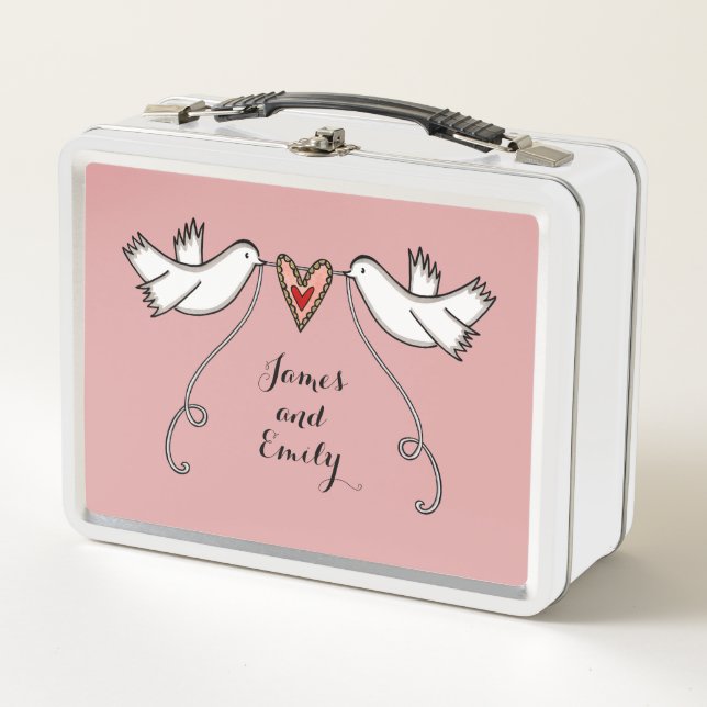 Personalised White Doves Wedding Metal Lunch Box (Front)