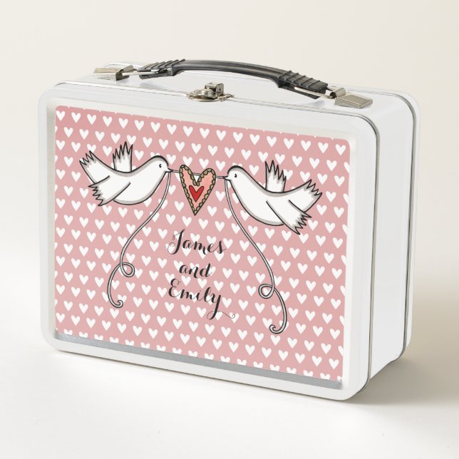 Personalised White Doves Wedding Metal Lunch Box (Front)