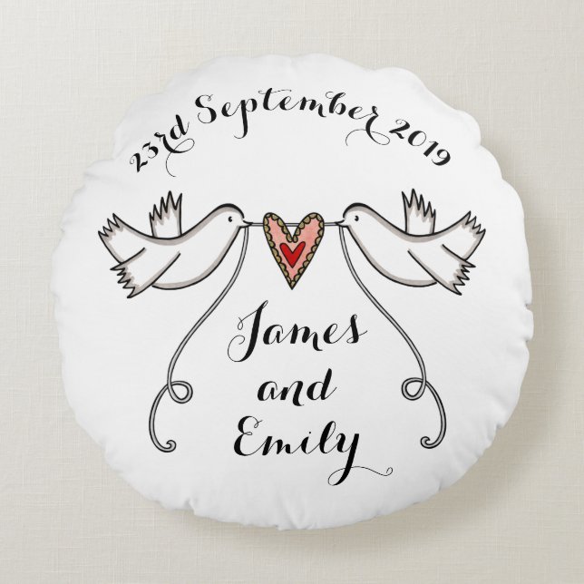 Personalised White Doves Wedding Round Cushion (Front)