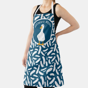 Personalised White Duck Feathers Pattern Navy Blue Apron