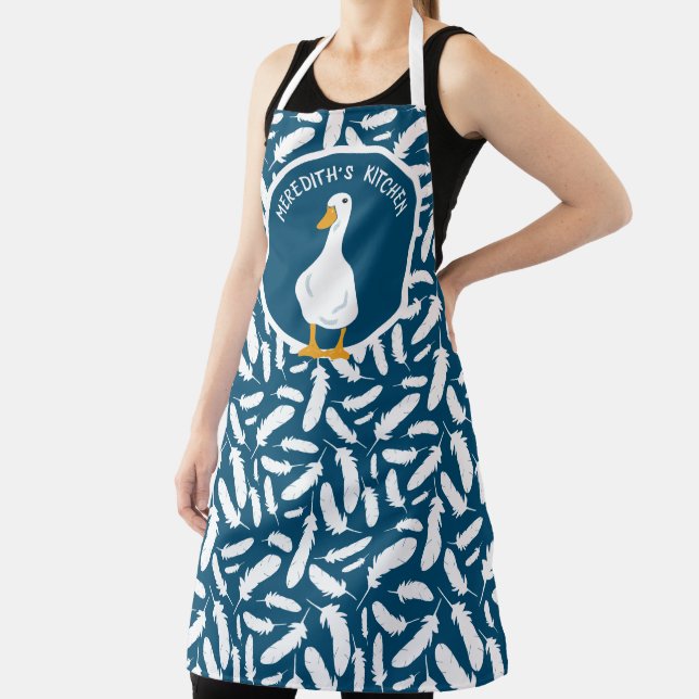 Personalised White Duck Feathers Pattern Navy Blue Apron (Insitu)