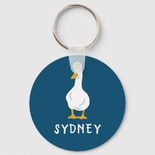 Personalised White Duck Illustration Navy Blue Key Ring