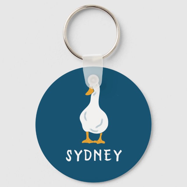 Personalised White Duck Illustration Navy Blue Key Ring (Front)