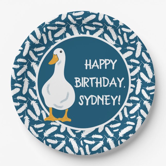 Personalised White Duck Illustration Navy Blue Paper Plate (Front)