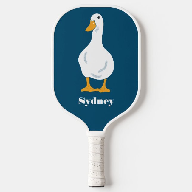 Personalised White Duck Illustration with Feathers Pickleball Paddle (Front)