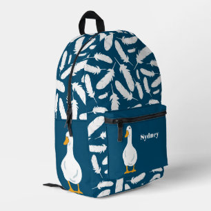 Personalised White Duck Illustration with Feathers Printed Backpack