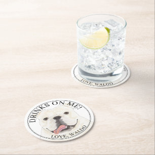 Personalised White English Bulldog Dog Wedding Round Paper Coaster