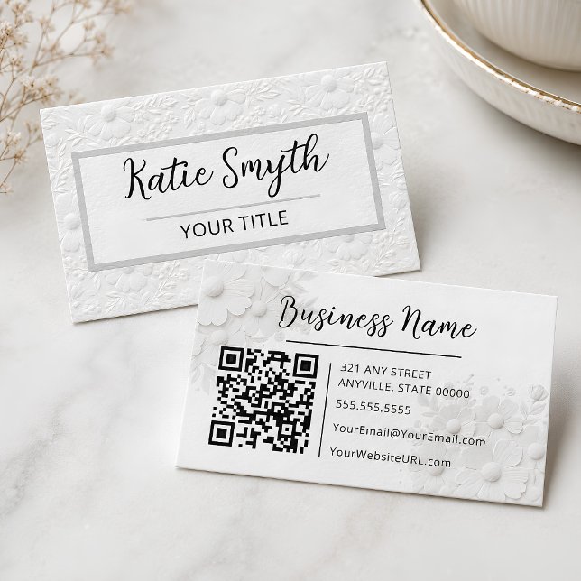 Personalised White Faux Embossed Flora Business Card (White Faux Embossed Flora Business Card)