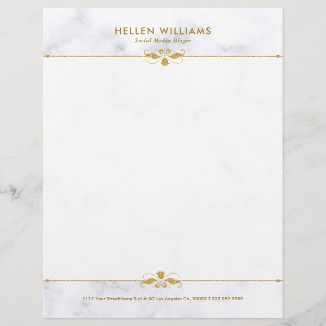 Personalised White Faux Marble Gold Floral Accent Custom Letterhead (Front)