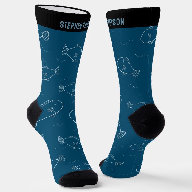 Personalised White Fish Print with Name Ocean Blue Socks (Angled)