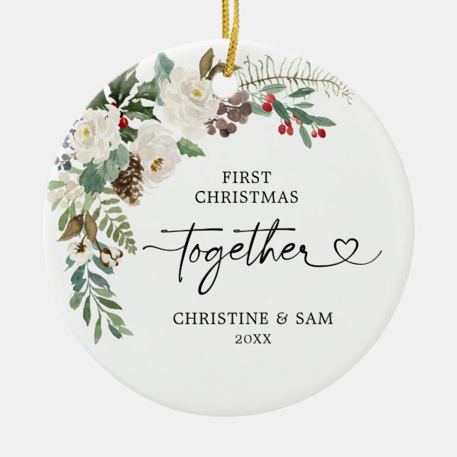 Personalised White Floral First Christmas Together Ceramic Tree Decoration (Front)