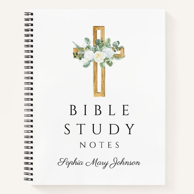 Personalised White Floral Religious Cross  Notebook (Front)
