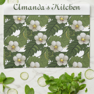 Personalised White Floral  Tea Towel
