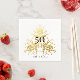 Personalised White & Gold Damask 50th Anniversary Napkin