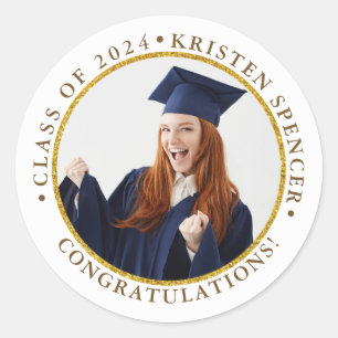 Personalised White Gold Graduate Photo Graduation Classic Round Sticker