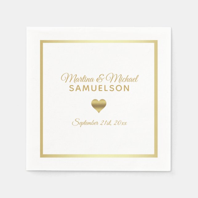 Personalised White Gold Heart Frame Wedding Napkin (Front)