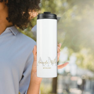Personalised White Gold Modern Monogram Minimalist Thermal Tumbler