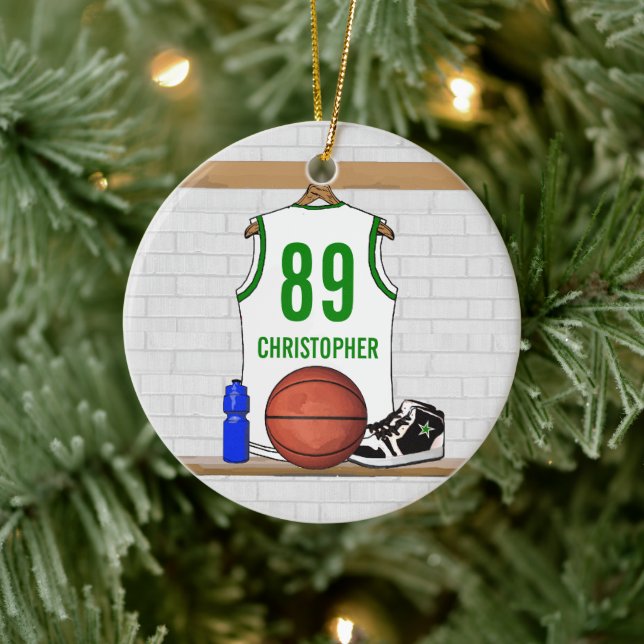 Personalised White Green Basketball Jersey Ceramic Tree Decoration (Tree)