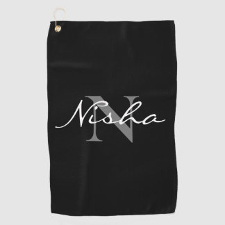 Personalised White Grey Monogram Name Black     Golf Towel