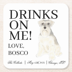 Personalised White Grey Schnauzer Dog Wedding Square Paper Coaster