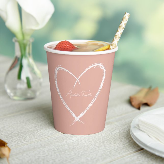 Personalised White Heart Bridal Shower Rose Gold Paper Cups (Insitu)