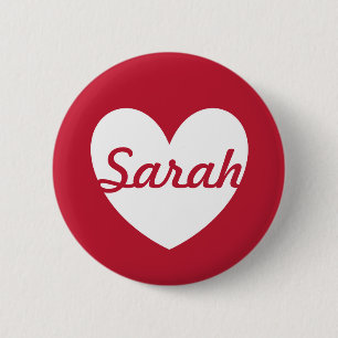 Personalised white heart on red 6 cm round badge