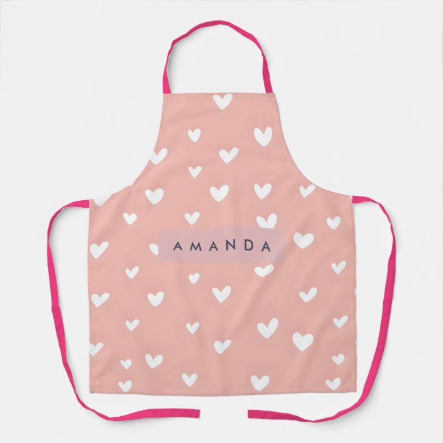 Personalised White Heart Pattern on Blush  Apron (Front)