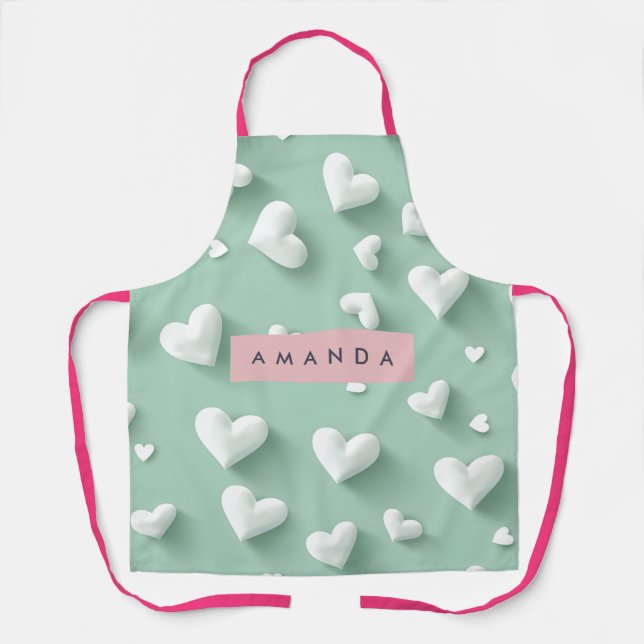 Personalised White Heart Pattern on Mint Apron (Front)