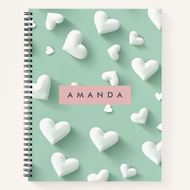 Personalised White Heart Pattern on Mint Notebook (Front)