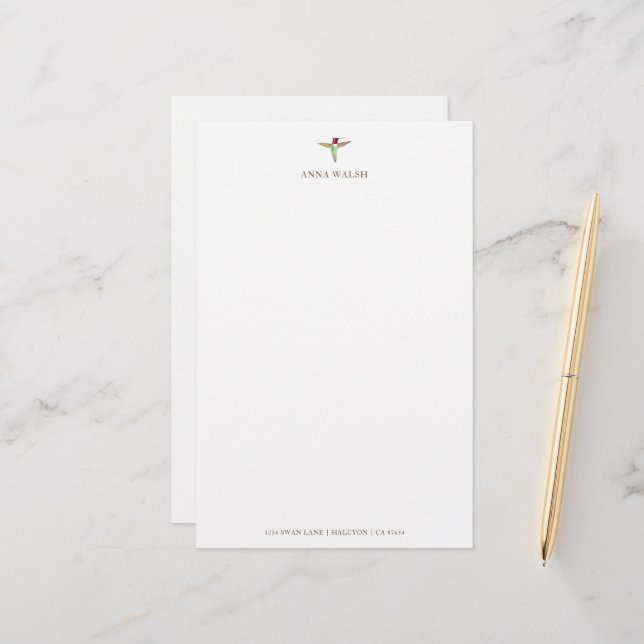 Personalised White Hummingbird Stationery (Front/Back In Situ)
