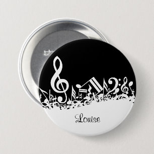 Personalised White Jumbled Musical Notes on Black 7.5 Cm Round Badge