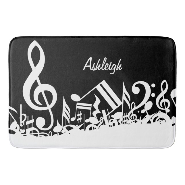 Personalised White Jumbled Musical Notes on Black Bath Mat (Front)