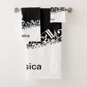 Personalised White Jumbled Musical Notes on Black Bath Towel Set