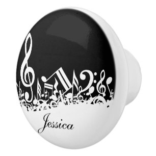 Personalised White Jumbled Musical Notes on Black Ceramic Knob