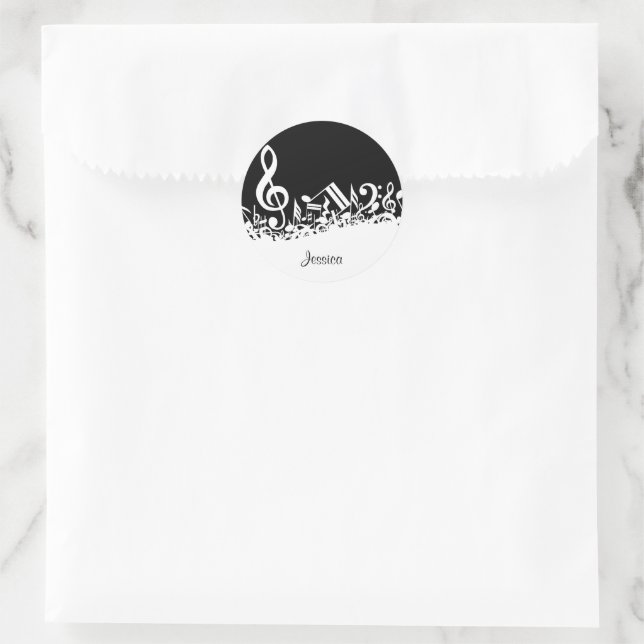 Personalised White Jumbled Musical Notes on Black Classic Round Sticker (Bag)