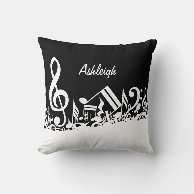 Personalised White Jumbled Musical Notes on Black Cushion (Front)