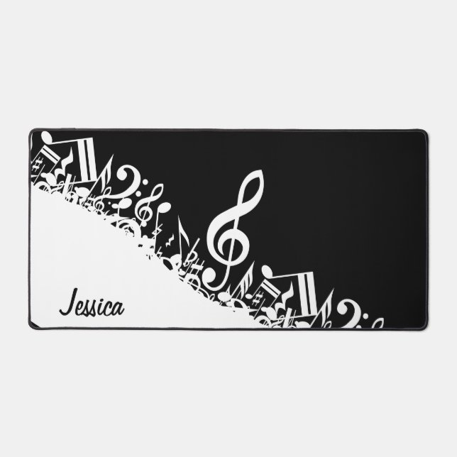 Personalised White Jumbled Musical Notes on Black Desk Mat (Front)