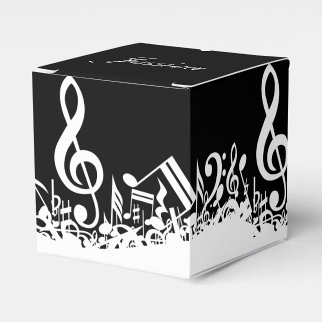 Personalised White Jumbled Musical Notes on Black Favour Box (Front Side)