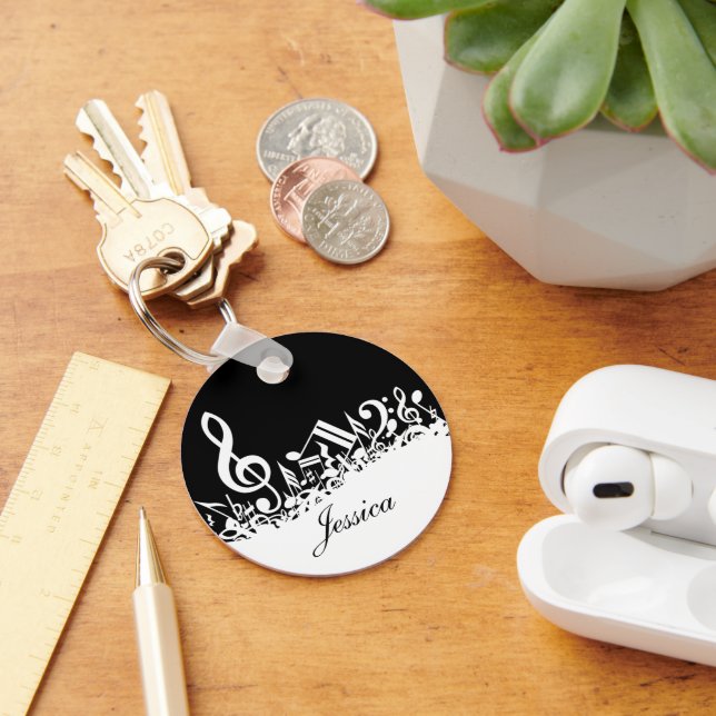 Personalised White Jumbled Musical Notes on Black Key Ring (Desk)