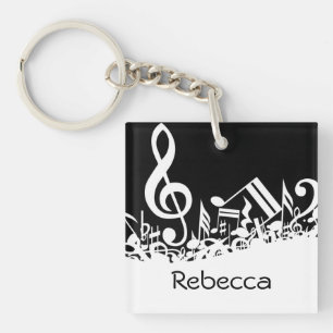 Personalised White Jumbled Musical Notes on Black Key Ring