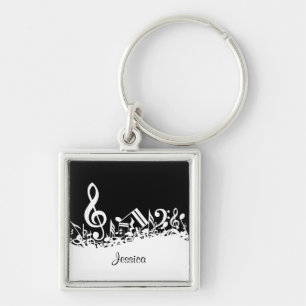 Personalised White Jumbled Musical Notes on Black Key Ring