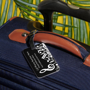 Personalised White Jumbled Musical Notes on Black Luggage Tag