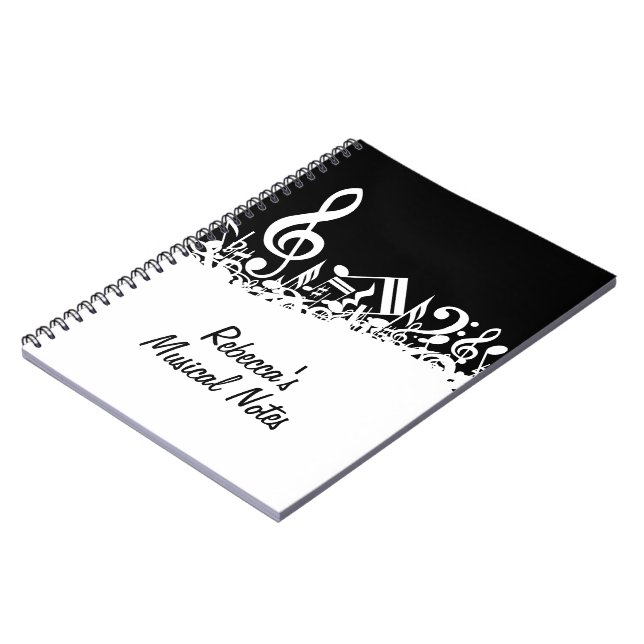 Personalised White Jumbled Musical Notes on Black Notebook (Left Side)