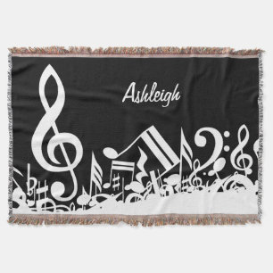 Personalised White Jumbled Musical Notes on Black Throw Blanket