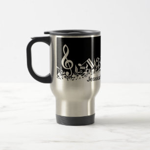 Personalised White Jumbled Musical Notes on Black Travel Mug