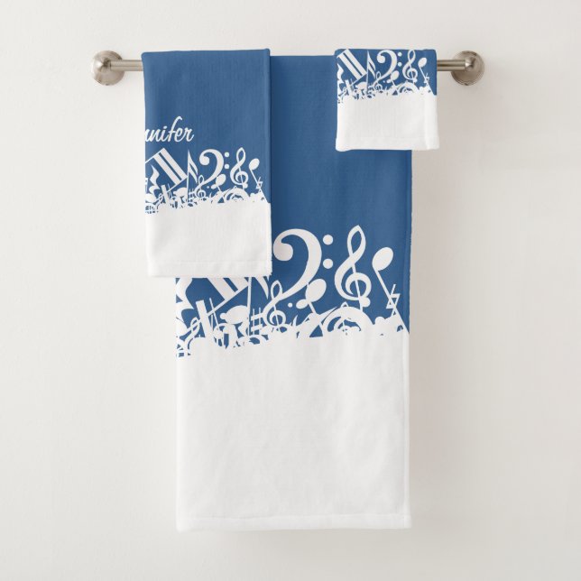 Personalised White Jumbled Musical Notes on Blue Bath Towel Set (Insitu)
