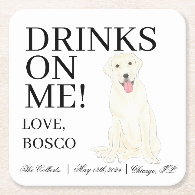 Personalised White Labrador Dog Wedding Square Paper Coaster (Front)