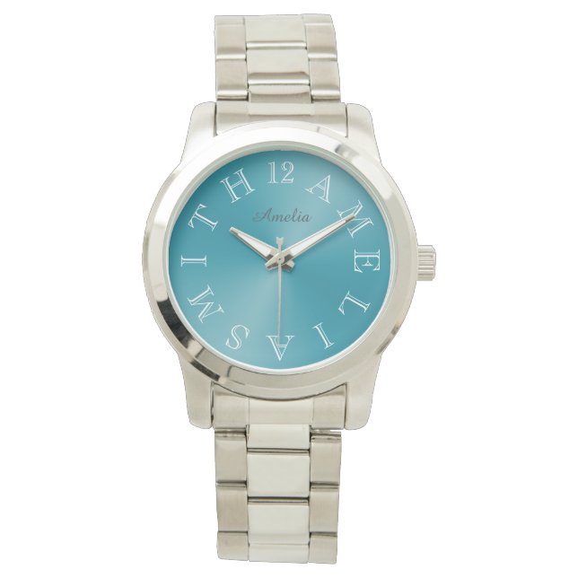 Personalised White Letter Dial Teal Blue Gradient Watch (Front)