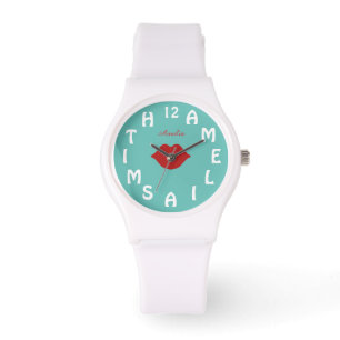 Personalised White Letter Dial Teal Red Lips Watch